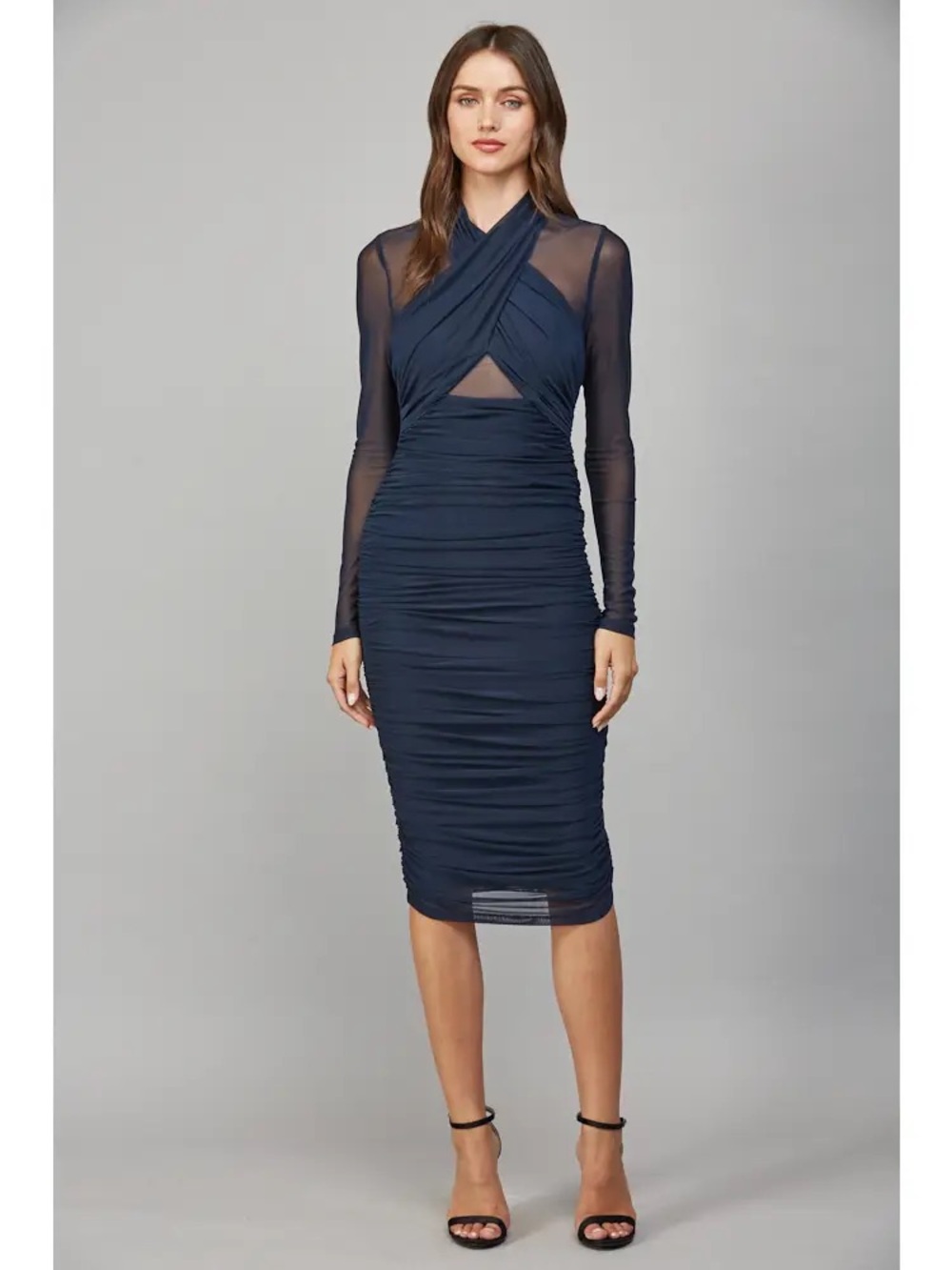Fate Navy Sheer-Panel Long-Sleeve Ruched Midi Dress